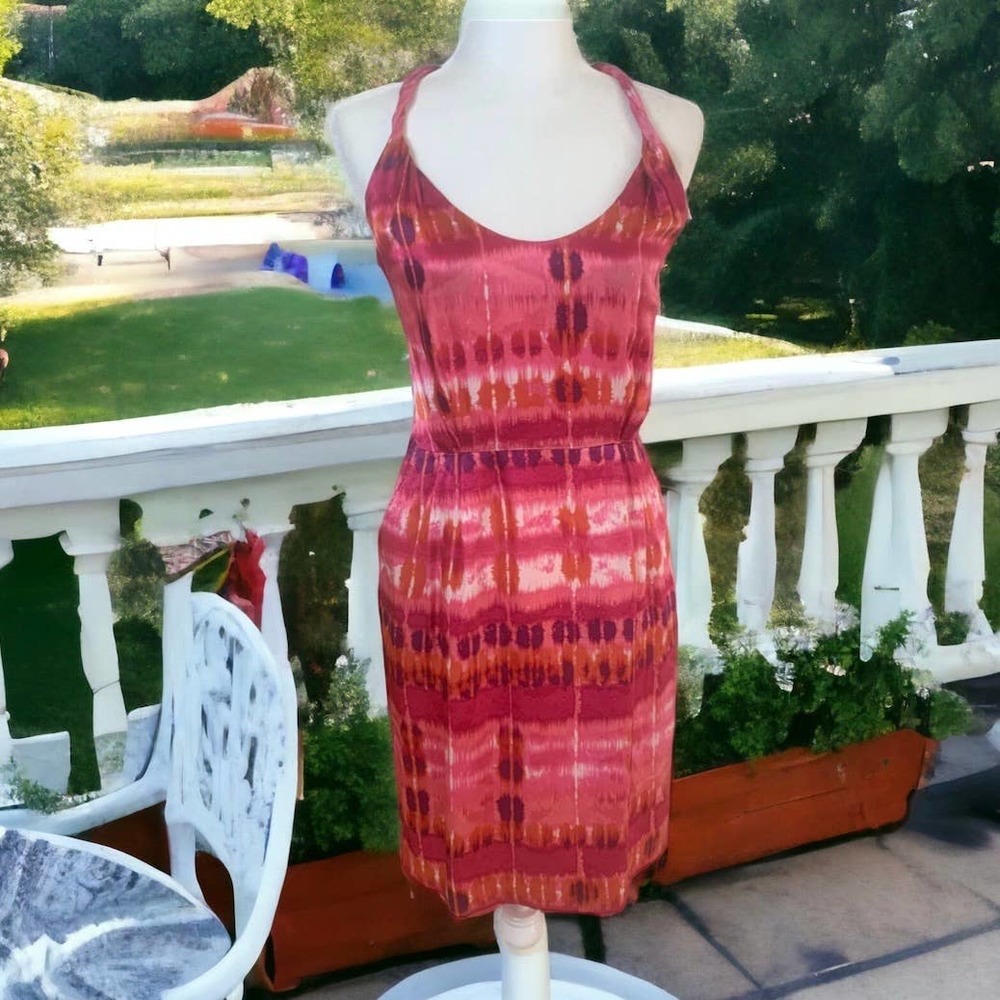 100% Silk Abstract Print Twisted Shoulder Dress Size 6 By Banana Republic